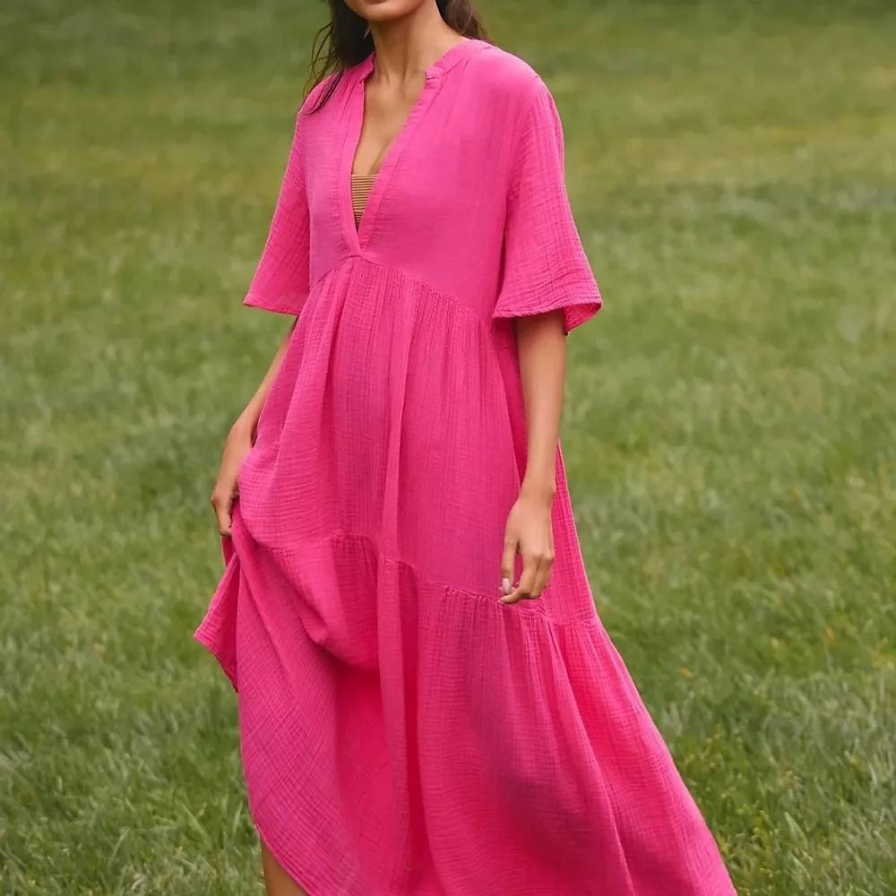 Anthropologie Kallie Cotton Gauze Midi Dress 2X Pink Crinkled Tiered Boho Flowy